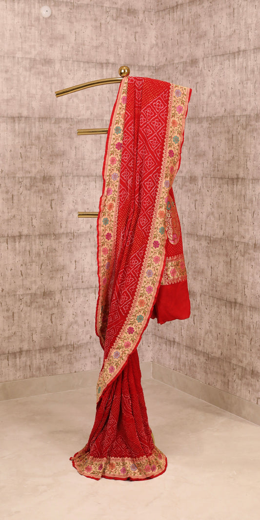 Handwoven Red Rai Dana Bandhej Georgette Saree