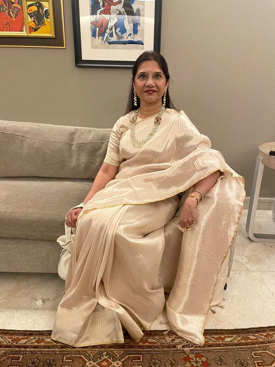 Handwoven Ivory & Gold Striped Tissue Silk Saree