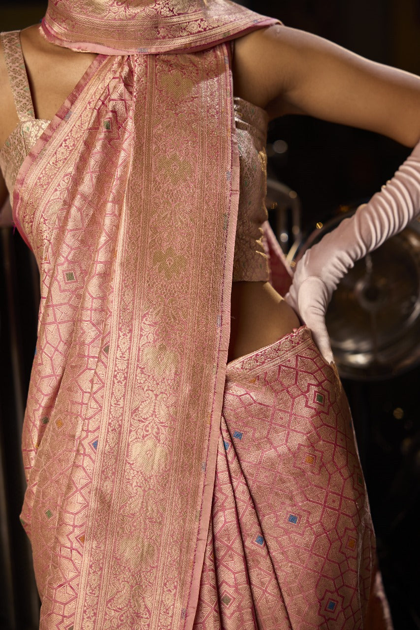 Handwoven Blush Pink Abstract Brocade Meenakari Silk Saree