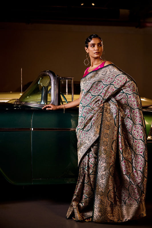 Handwoven Bottle Green Brocade Abstract Meenakari Saree