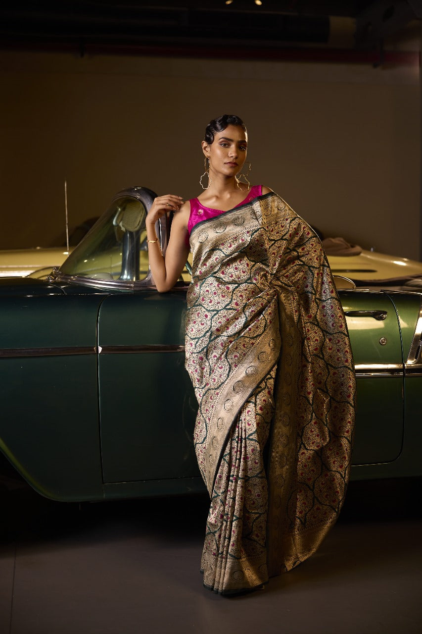 Handwoven Bottle Green Brocade Abstract Meenakari Saree