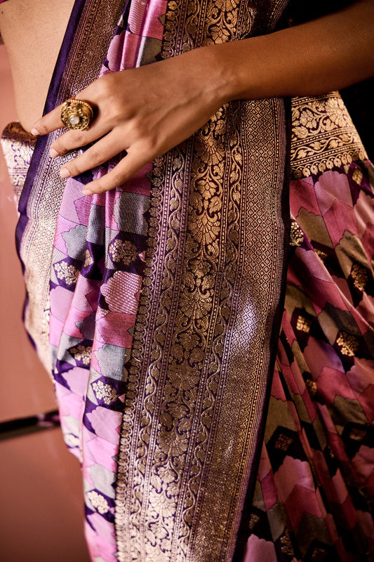 Handwoven Pink & Green Tanchoi Silk Rangat Saree