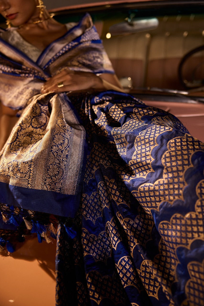 Handwoven Persian Blue Katan Silk Wave Banarasi Saree