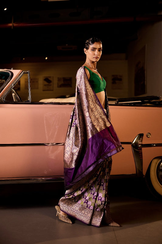 Handwoven Purple & Green Tanchoi Silk Rangat Saree