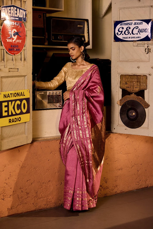 Handwoven Salmon Pink Monga Silk Saree