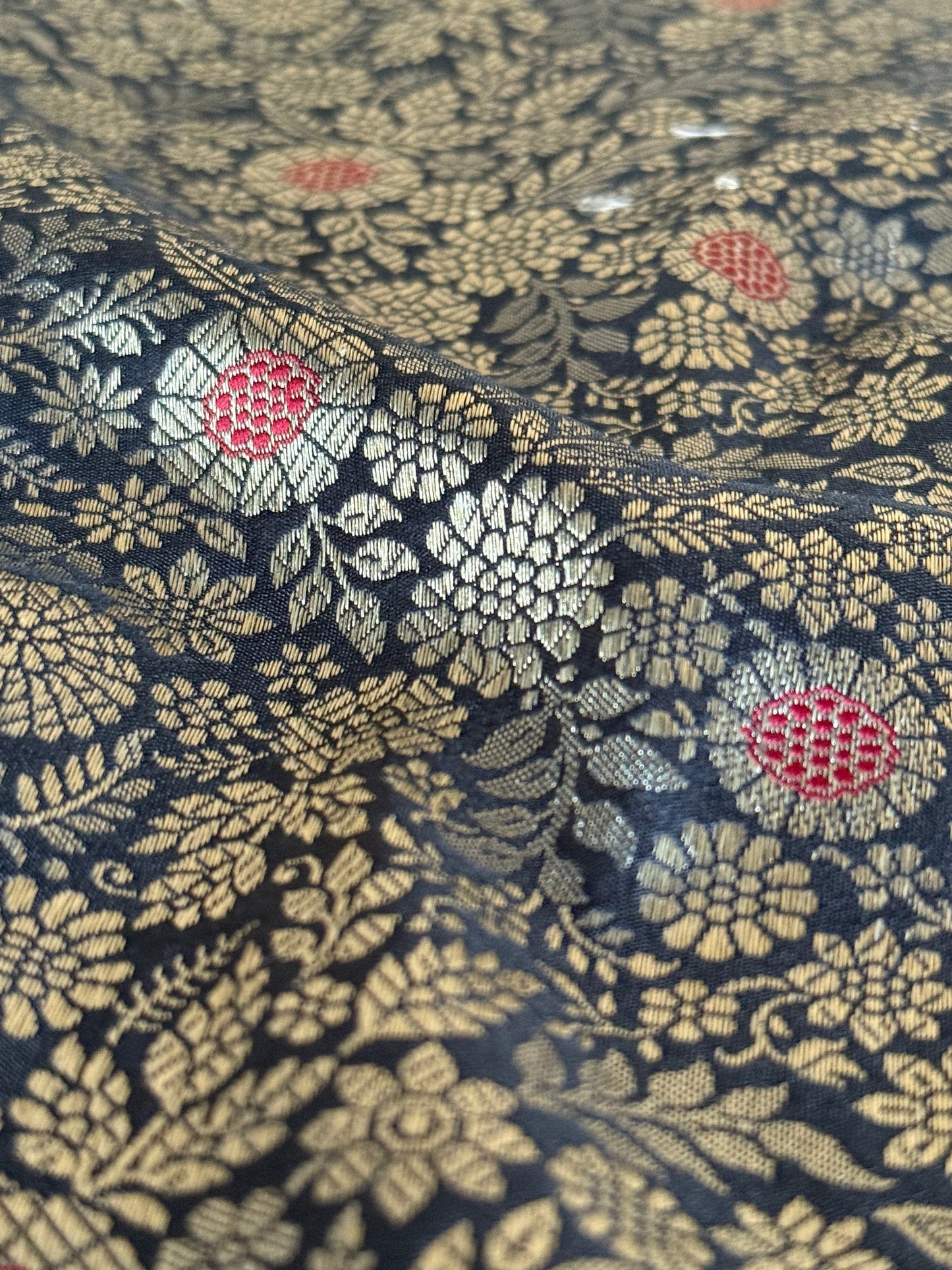 Handwoven Black Silk Brocade Meenakari Fabric Thaan