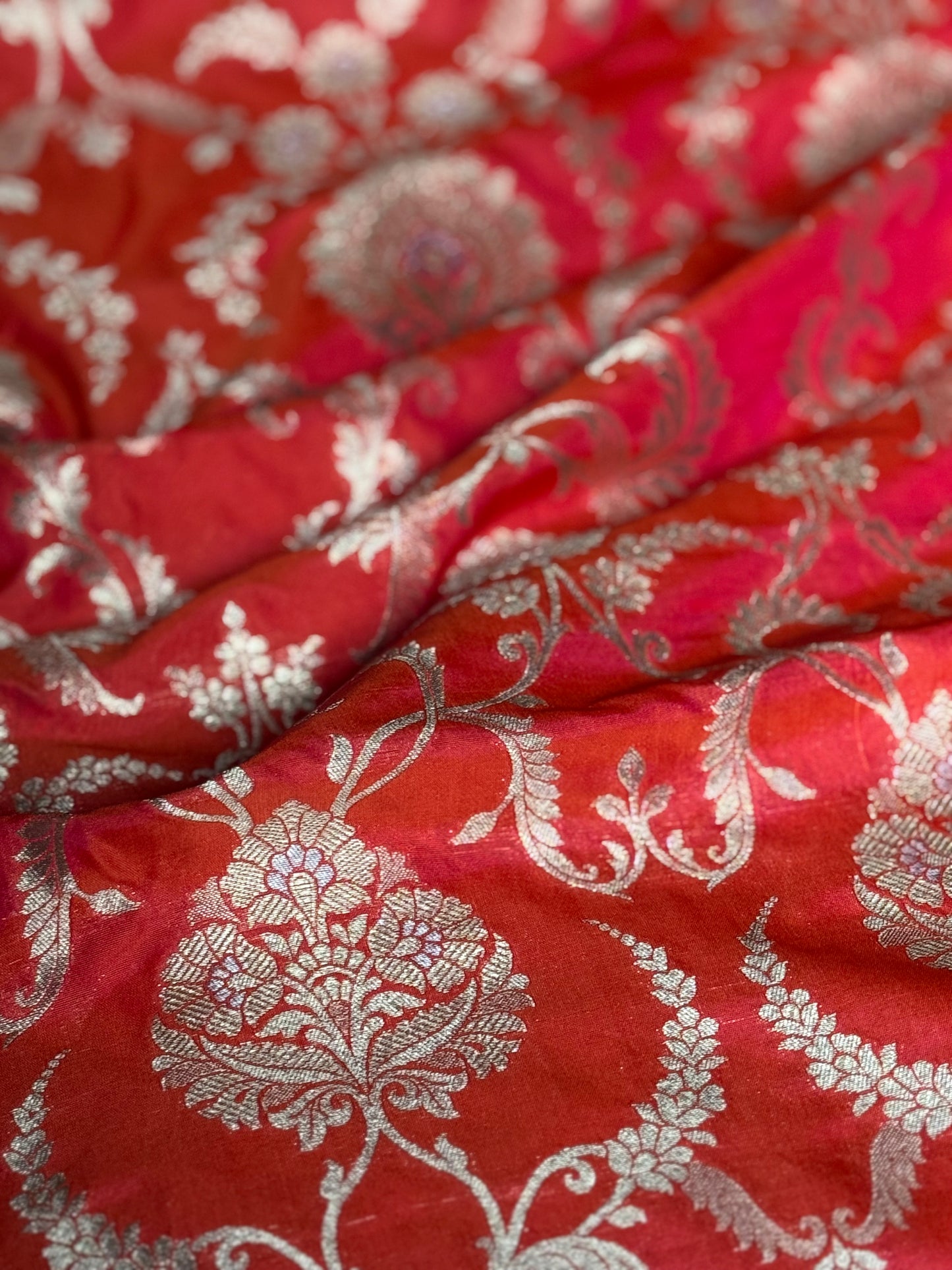 Handwoven Crimson Pink Jaal Silk Thaan