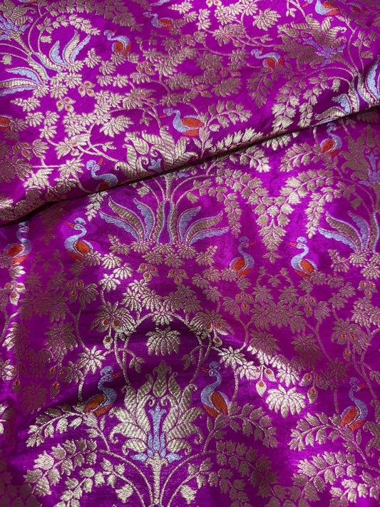 Handwoven Magenta Silk Bird Motifs Jaal Meenakari Fabric Thaan