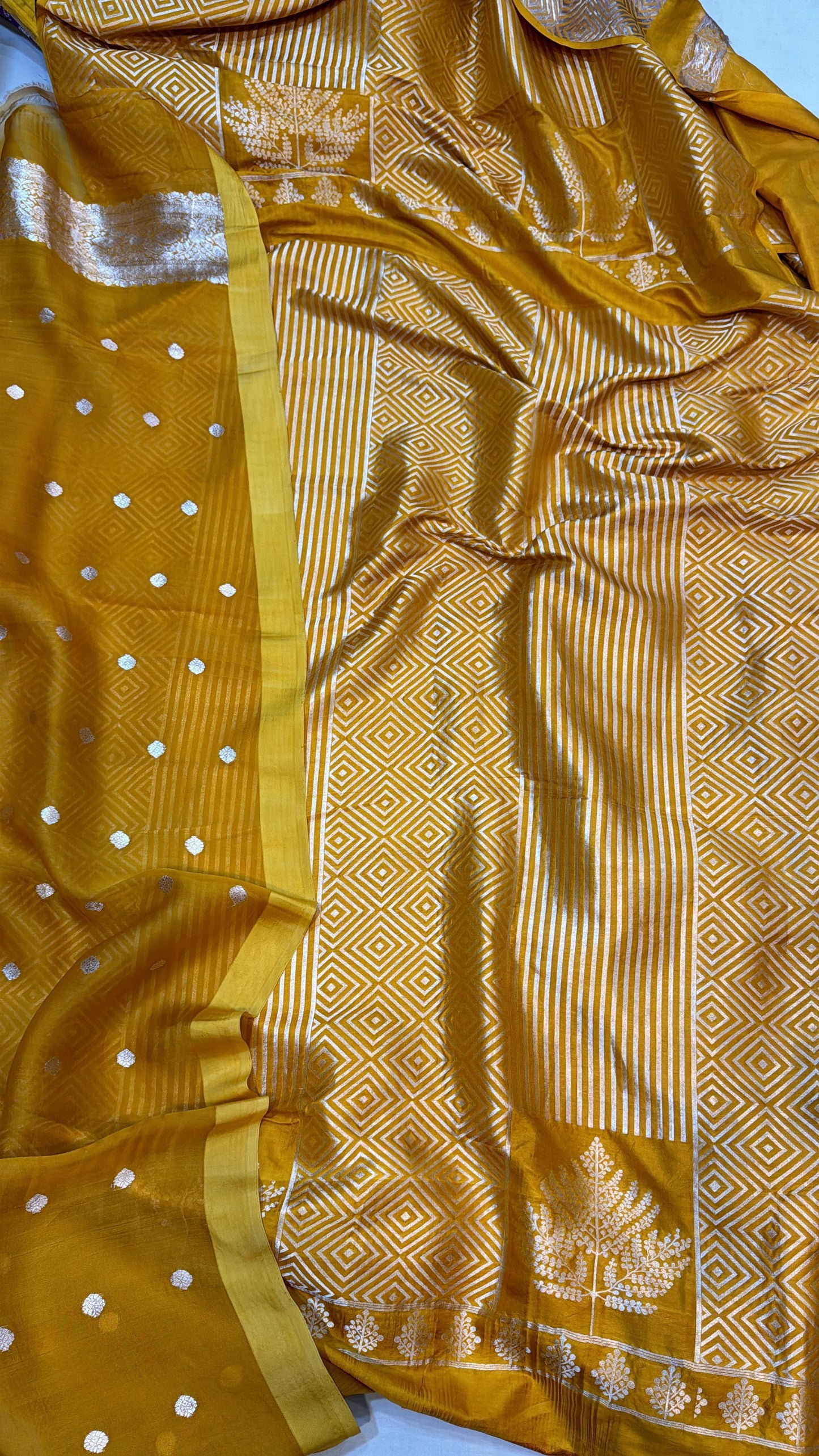 Handwoven Mustard Brocade Silk Kurta With Kora Silk Dupatta And Silk Bottom Set