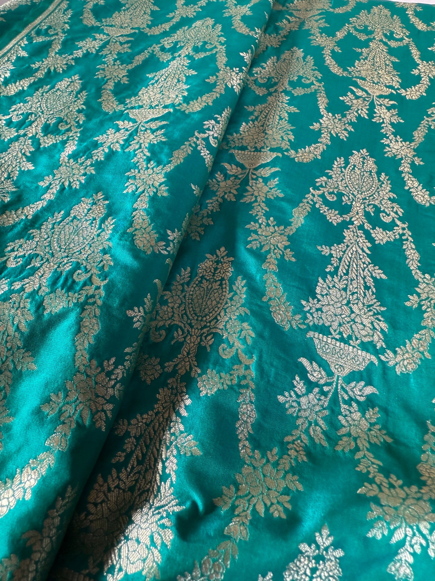 Handwoven Teal Green Silk Jaal Fabric Thaan