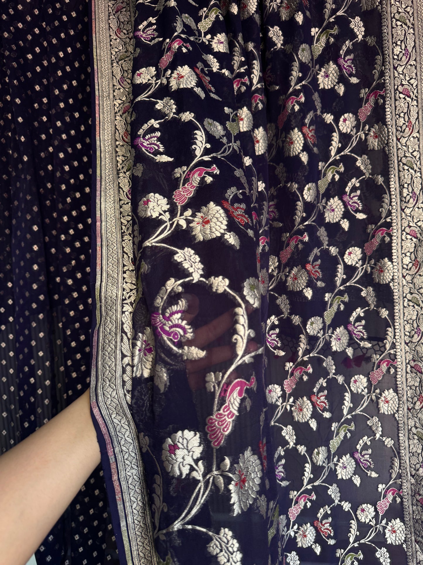 Handwoven Georgette Navy Blue Shikargah Dupatta Unstitched Suit Set