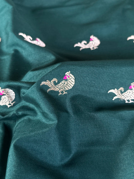 Handwoven Bottle Green Bird Meenakari Fabric Thaan
