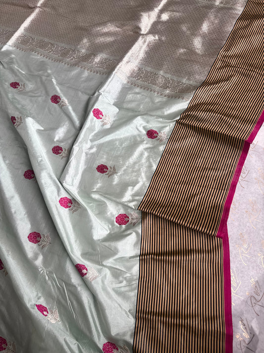 Handwoven Ice Blue Katan Silk Striped Border With Kadhwa Meenakari Butas Banarasi Saree