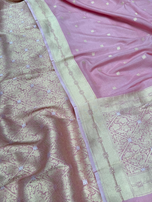 Handwoven Pink Crepe Brocade Banarasi Suit Set