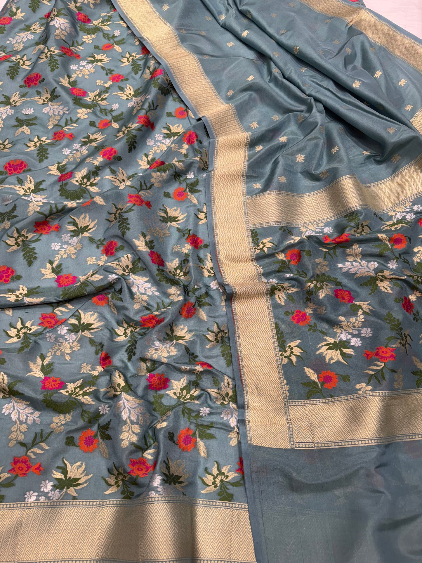 Handwoven Dusty Blue Crepe Floral Meenakari Banarasi Suit Set