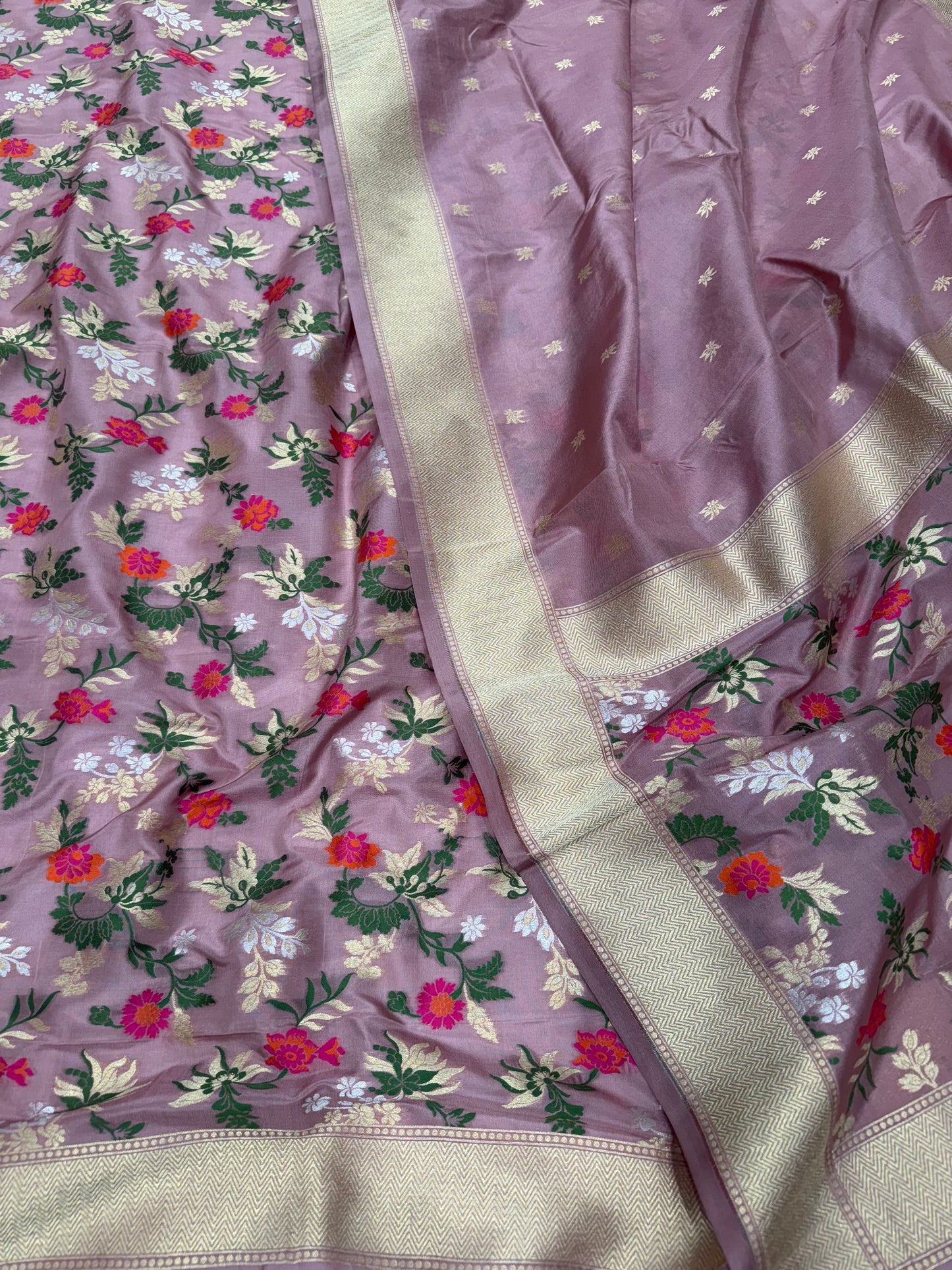 Handwoven Onion Pink Crepe Unstitched Floral Meenakari Suit Set