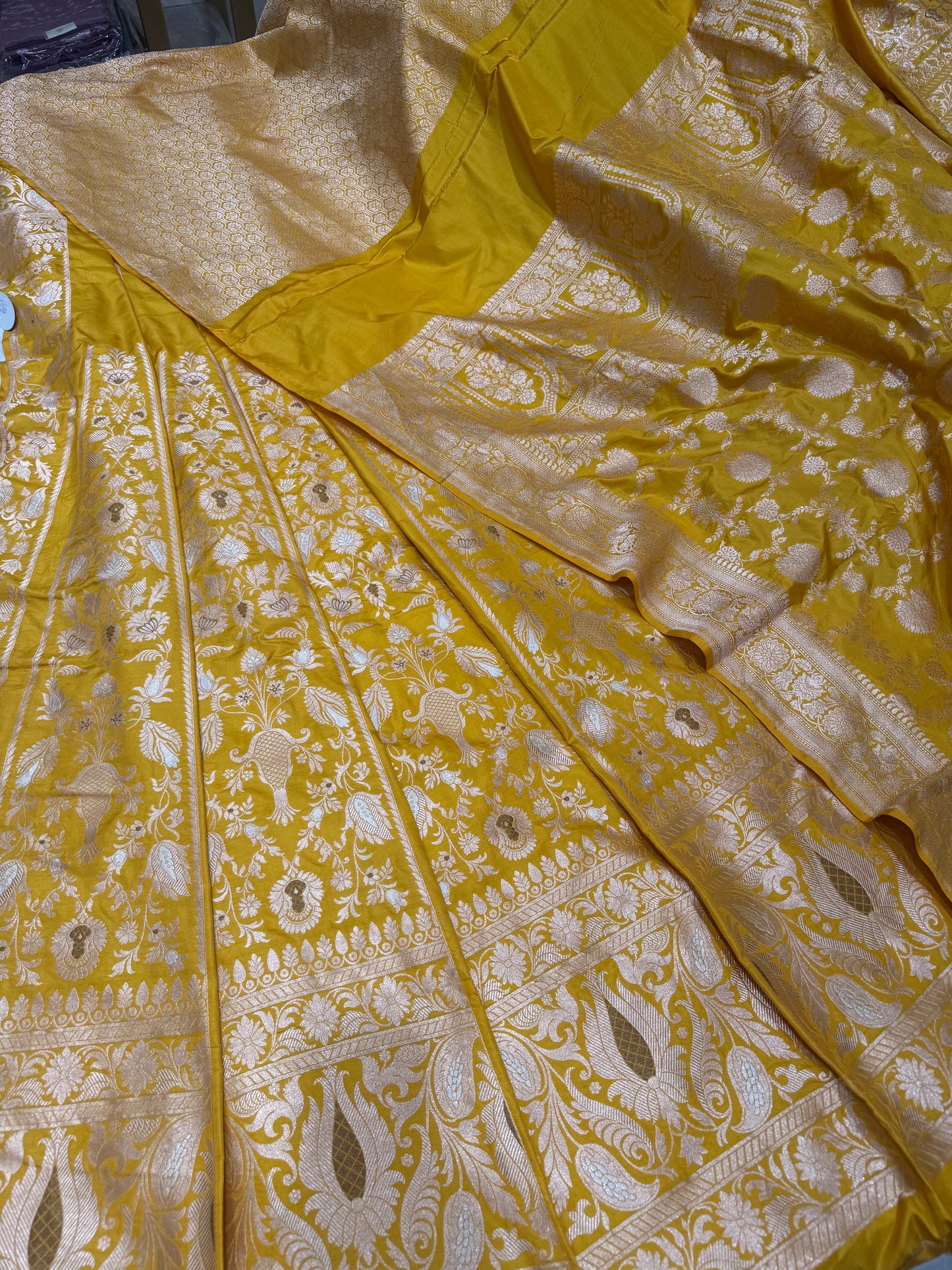 Handwoven Yellow Silk Unstitched Banarasi Lehenga Kalis Set