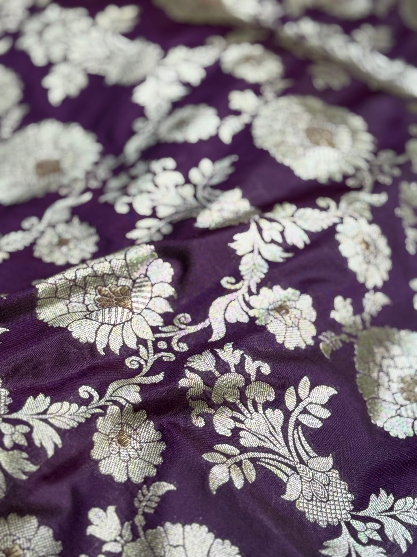 VastraHandwoven Purple Silk Brocade Floral Thaan