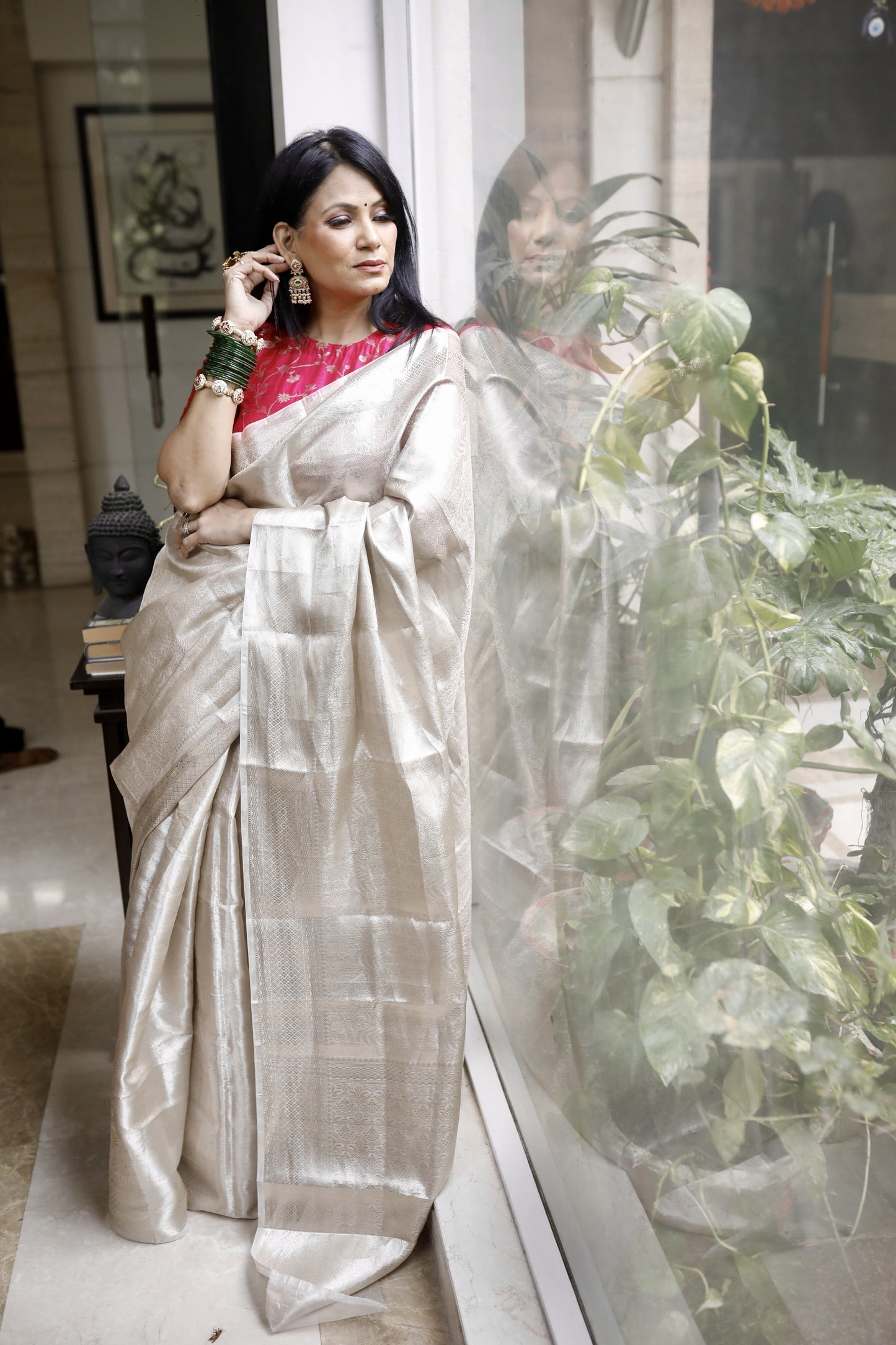 Handwoven Silver Tissue Brocade Banarasi Saree