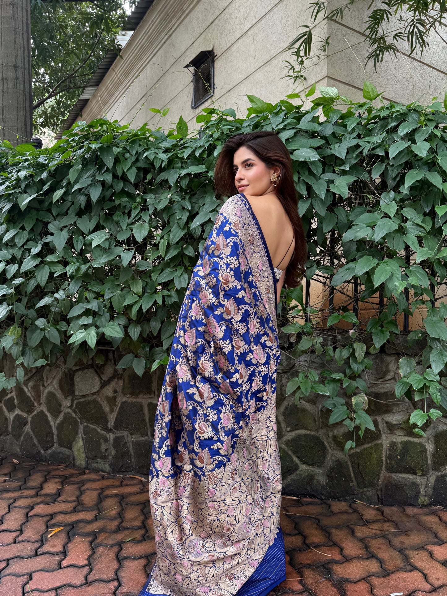 Handwoven Persian Blue Katan Silk Meenakari Jaal Saree