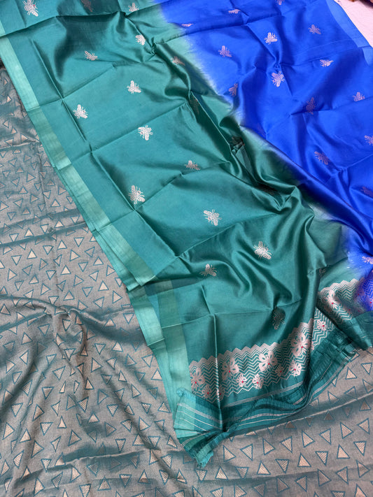Handwoven monga silk triangle motifs green kurta paired with chinniya silk bee shades blue/ green dupatta set