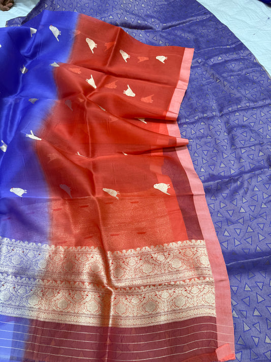 Handwoven Monga silk triangle motifs kurta with kora silk purple/ orange shaded dupatta
