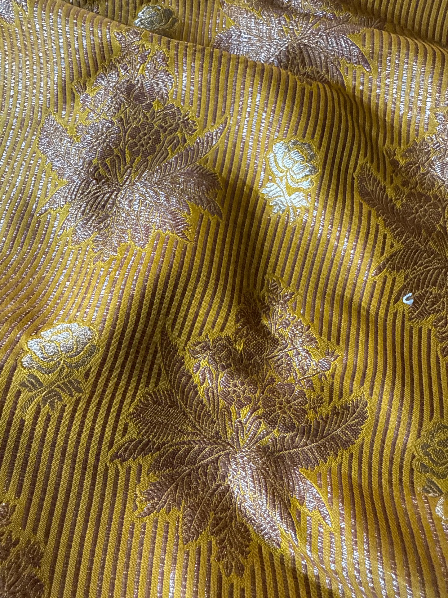 Handwoven Yellow Striped Silk Brocade Fabric Thaan