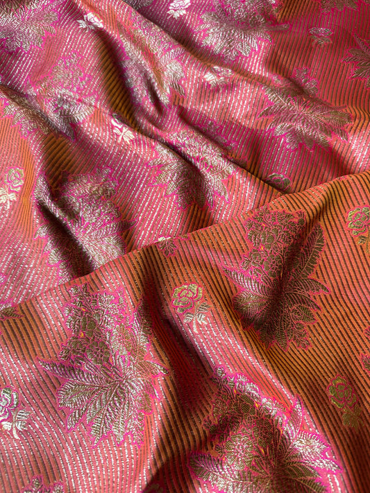 Handwoven Red Pink Striped Silk Brocade Fabric Thaan