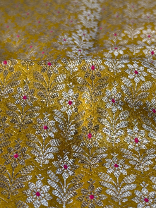 Handwoven Yellow Silk Brocade Meenakari Fabric Thaan