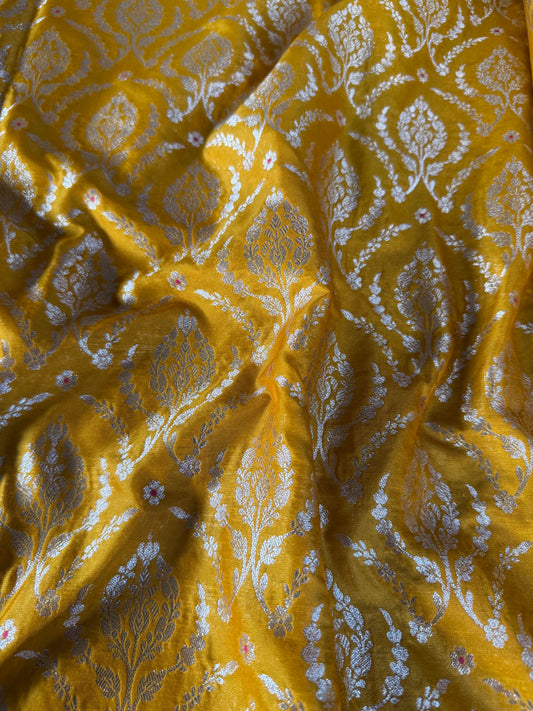Handwoven Yellow Silk Meenakari Jaal Fabric Thaan