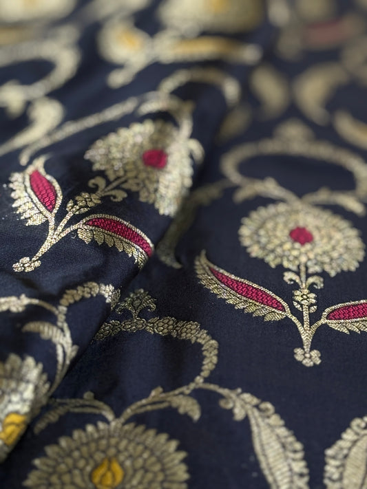 Handwoven Navy Blue Silk Jaal Meenakari Fabric Thaan