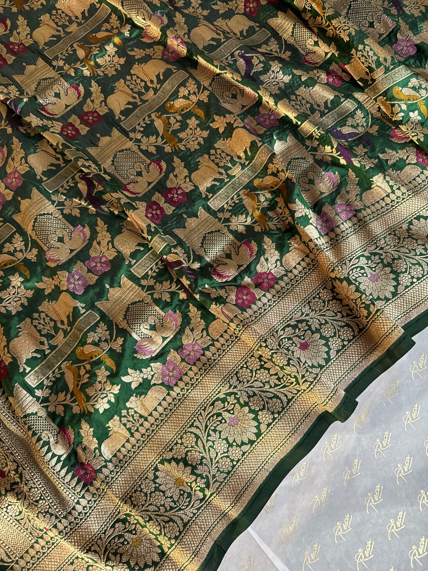 Handwoven Bottle Green Shikargh Meenkari Saree