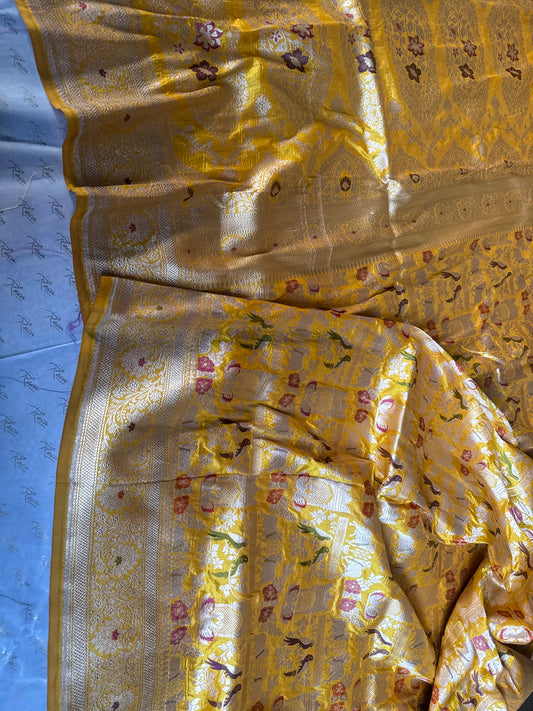 Handwoven Yellow Shikargh Meenkari Saree