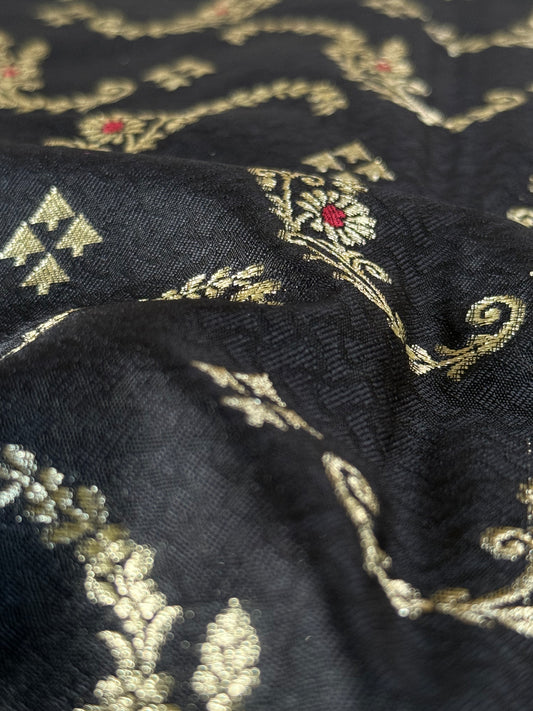 Handwoven Black Silk Tanchoi Meenakari Jaal Fabric Thaan