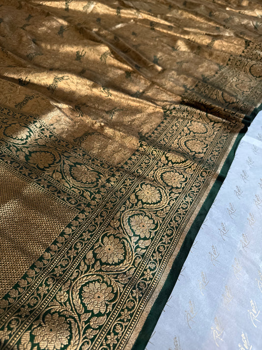 Handwoven Bottle Green Brocade Shikargah Banarasi Saree