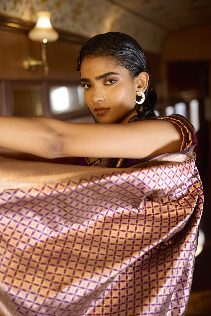 Handwoven Purple Brocade Meenakari Saree