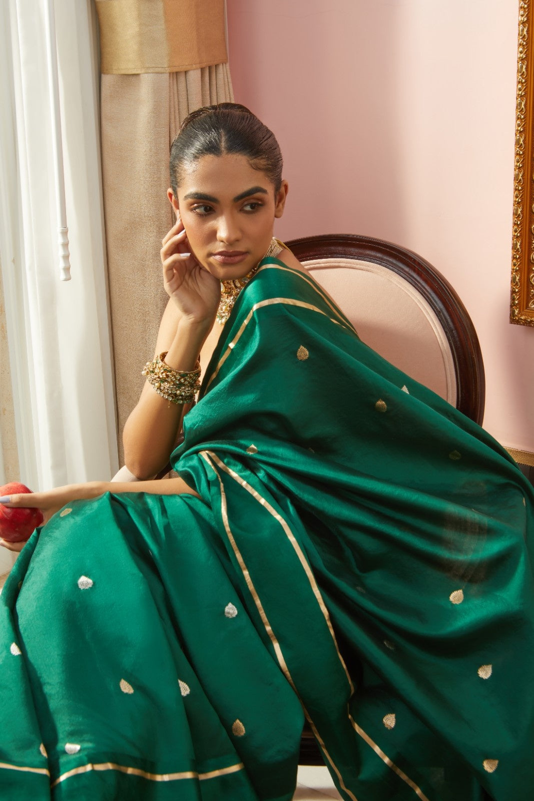 Handwoven Raw Mango Bottle Green Silk Banarasi Saree