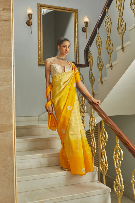Handwoven Soft Silk Checkered Ombre Yellow Banarasi Saree