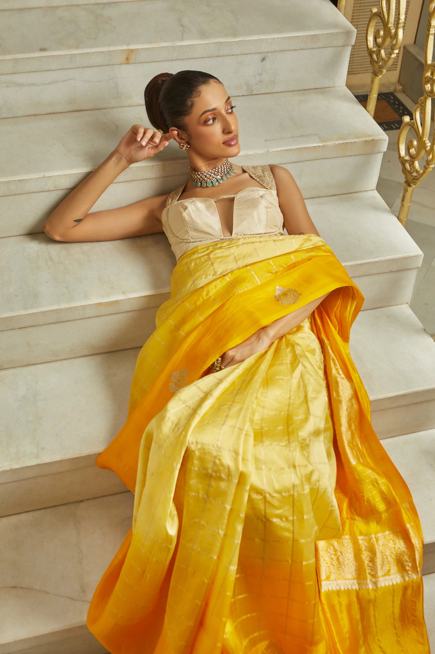 Handwoven Soft Silk Checkered Ombre Yellow Banarasi Saree