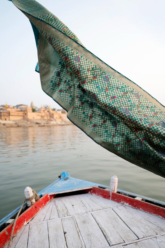 Handwoven Katan Silk Brocade Khimkhab Jaal Meenakari Green Dupatta