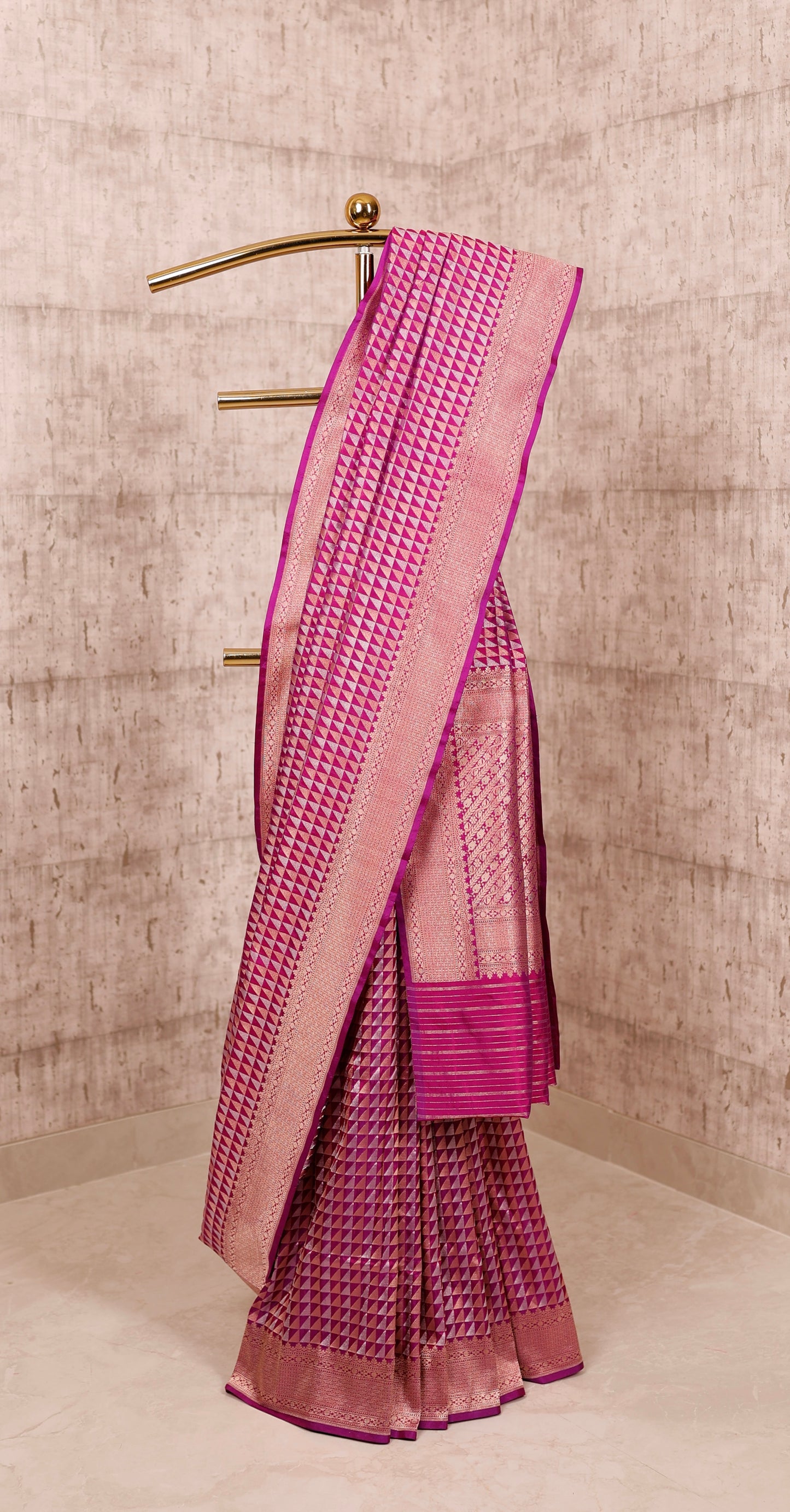 Handwoven Magenta Katan Silk Triangle Banarasi Saree