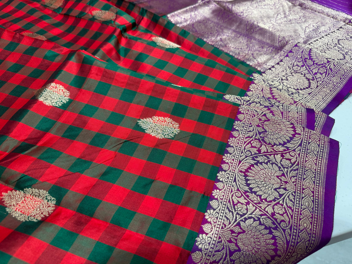 Handwoven checkered katan silk saree