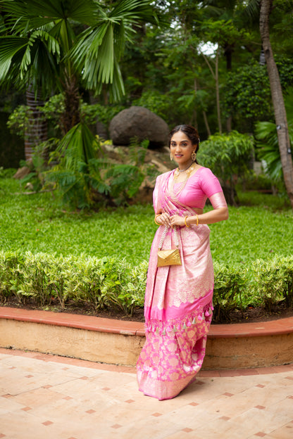 Handwoven Pink Katan Silk Jaal Banarasi Saree