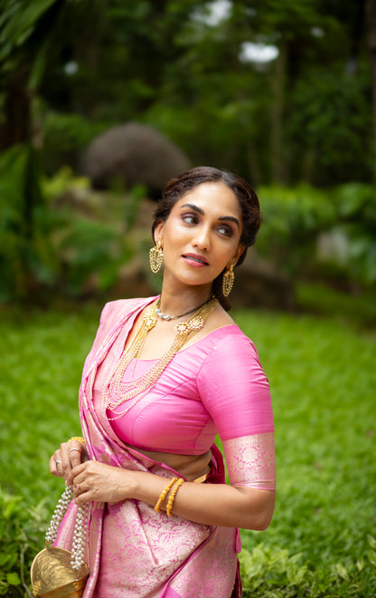 Handwoven Pink Katan Silk Jaal Banarasi Saree