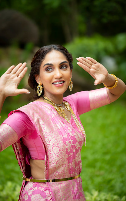 Handwoven Pink Katan Silk Jaal Banarasi Saree