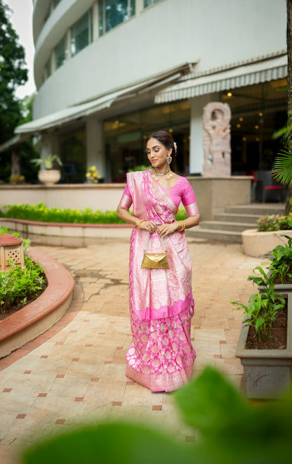 Handwoven Pink Katan Silk Jaal Banarasi Saree