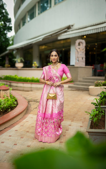 Handwoven Pink Katan Silk Jaal Banarasi Saree