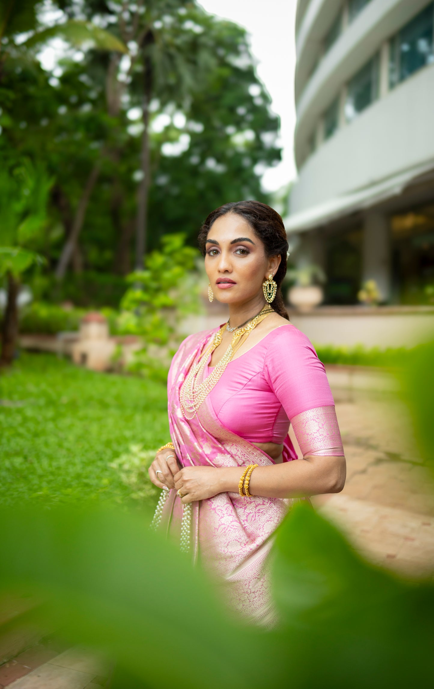 Handwoven Pink Katan Silk Jaal Banarasi Saree