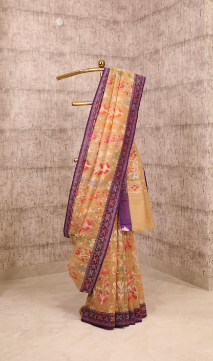 Handwoven Beige Kora Silk Jamdani Saree with Silk Borders