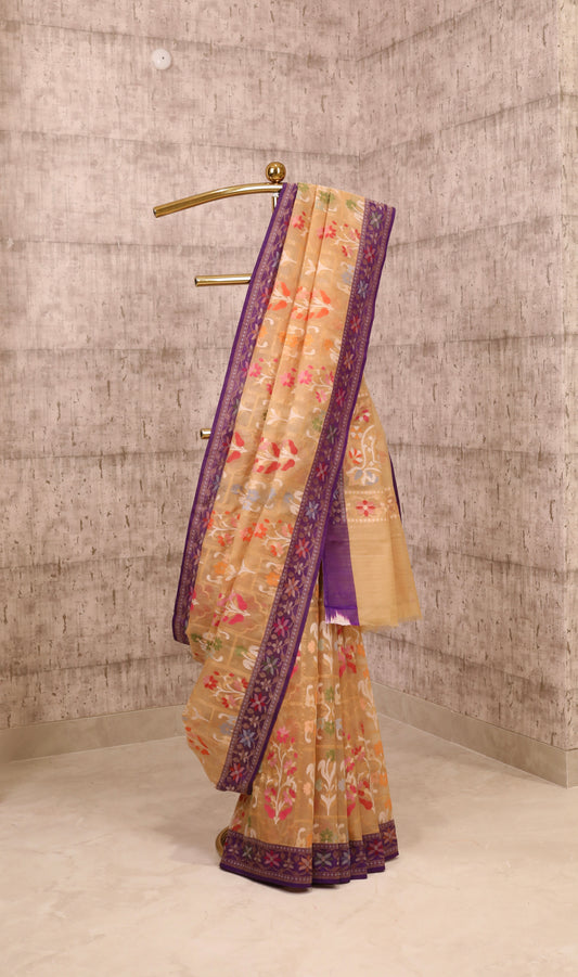 Handwoven Beige Kora Silk Jamdani Saree with Silk Borders